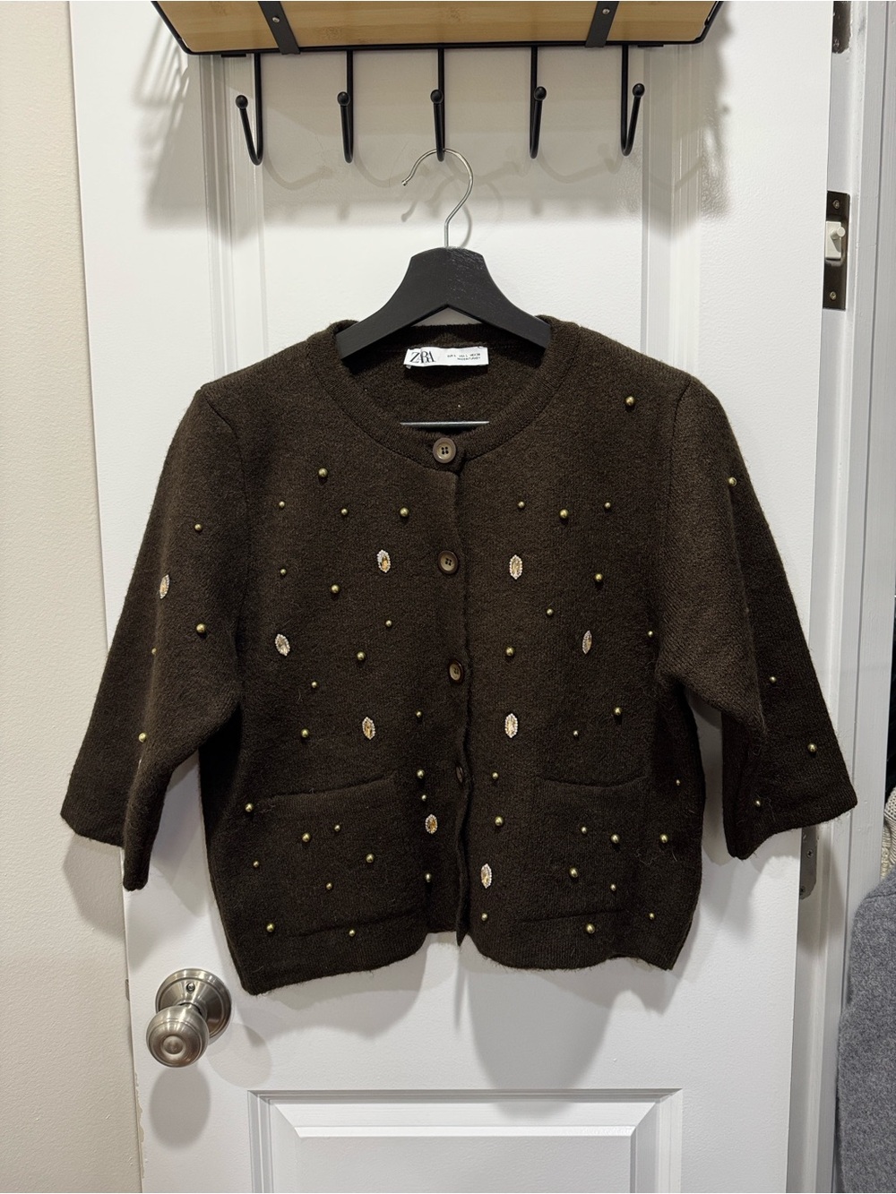 Zara Chocolate Brown Knit Cardigan With Crystal and Gold Accents
